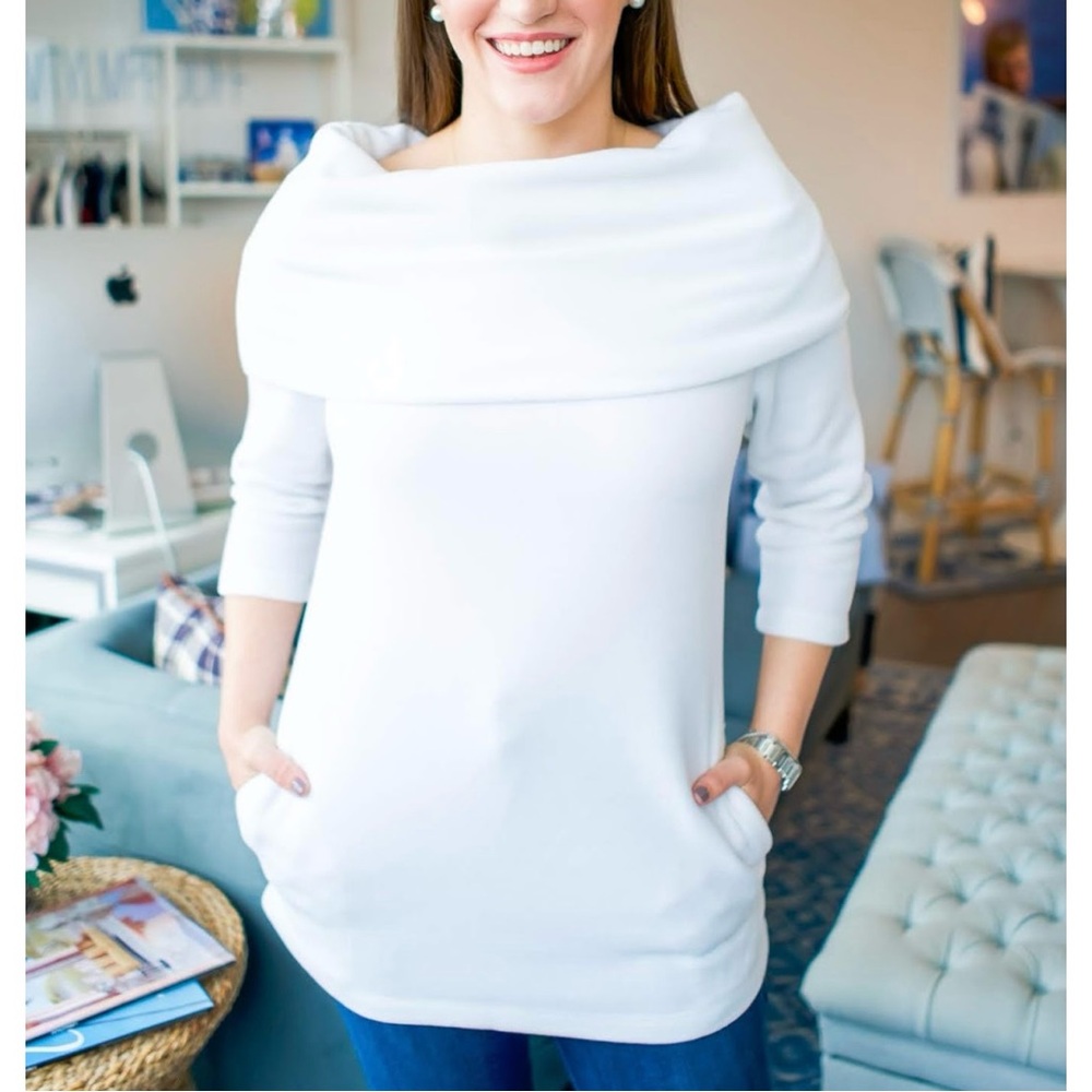 Dudley Stephens Calyer Cowl Neck Fleece Bright White Women’s Size XS Pockets